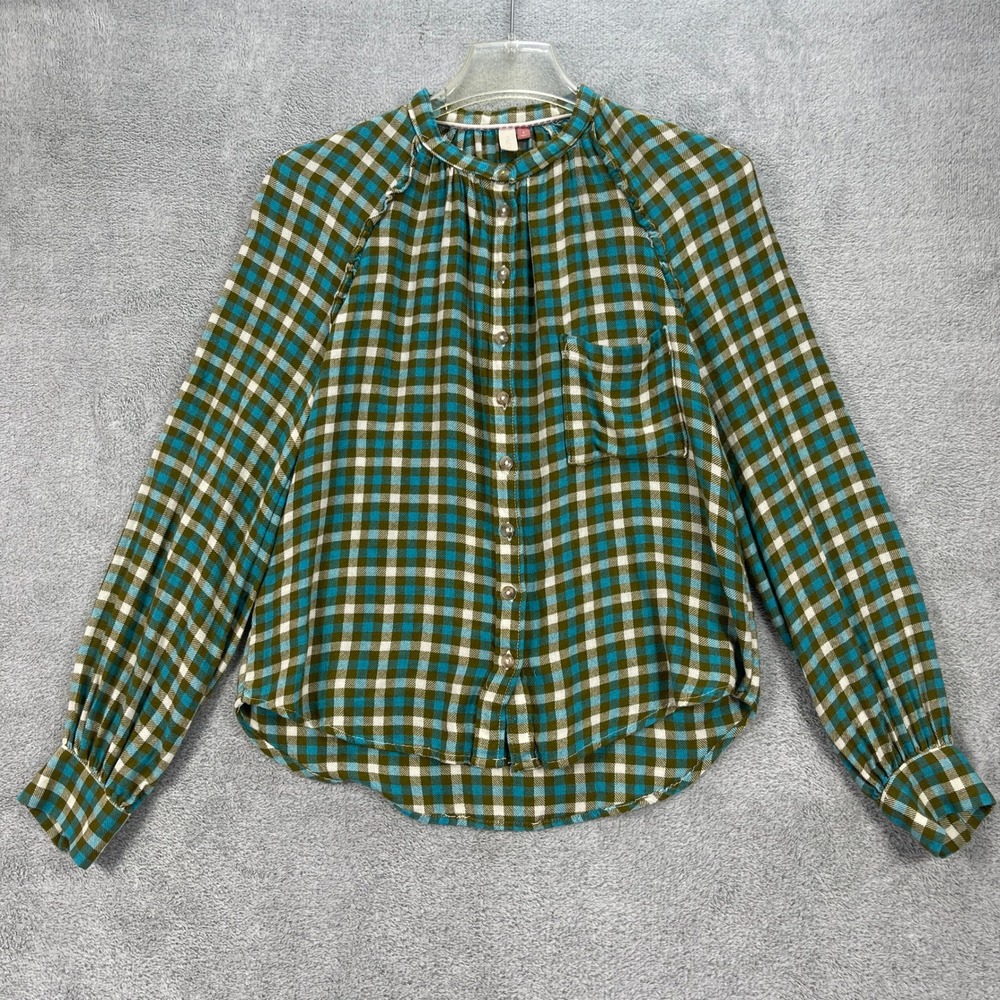 Pilcro Blouse Women S Green Plaid Viscose Wool Blend Button Down Raw Edge